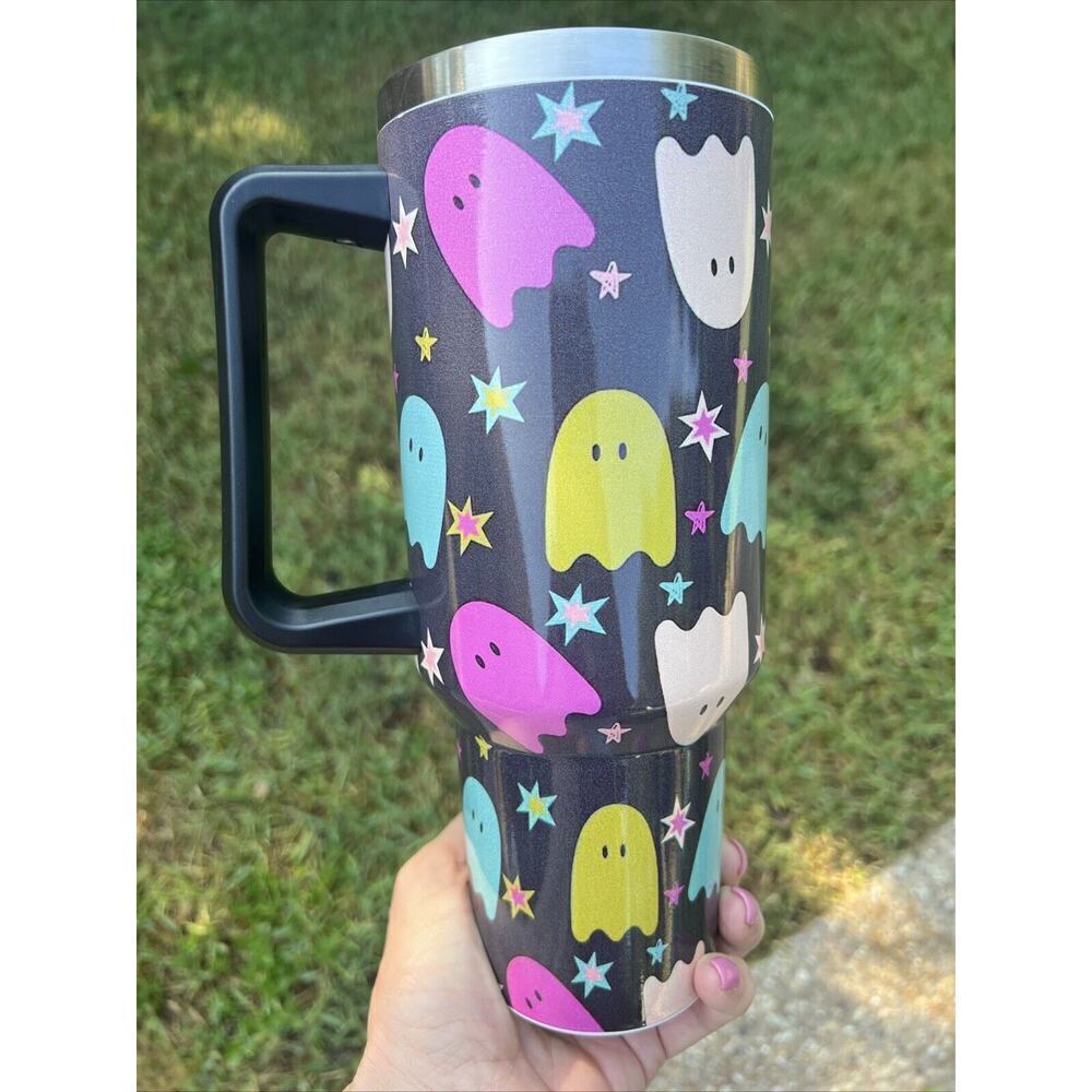 Halloween Pastel Ghost Stainless Insulated 40oz Tumbler Handle Lid Straw - Picture 7 of 8
